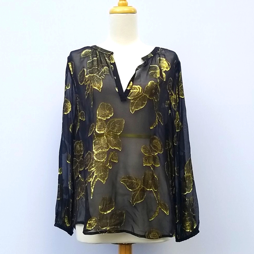 JOIE Sheer Silk and Gold Floral Blouse